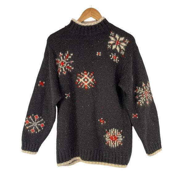 B.I. Gear Vintage Snowflake Mock Neck Sweater Wool Angora Blend Gray Red Medium - Picture 1 of 6